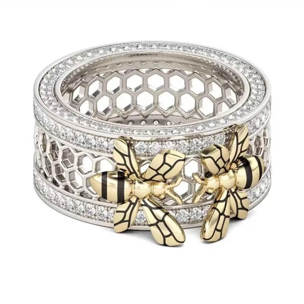 Unique 2 ct. tw. Two Little Bee Band Ring Inlaid Shiny CZ Two-Tone Sterling Silv